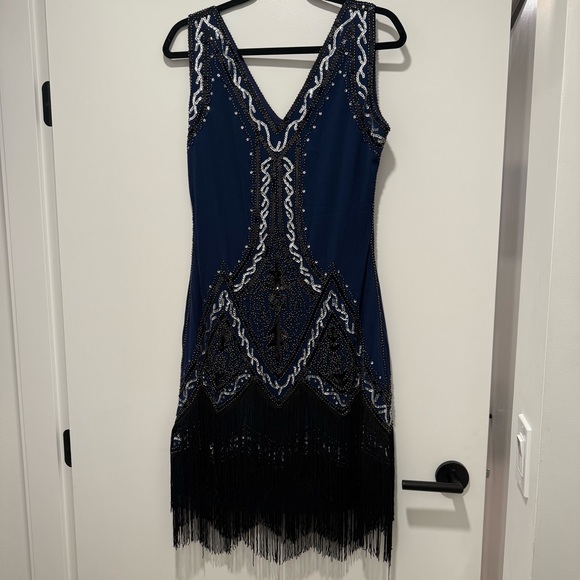 Vintage Dresses & Skirts - Navy and Black Flapper Fringe Dress